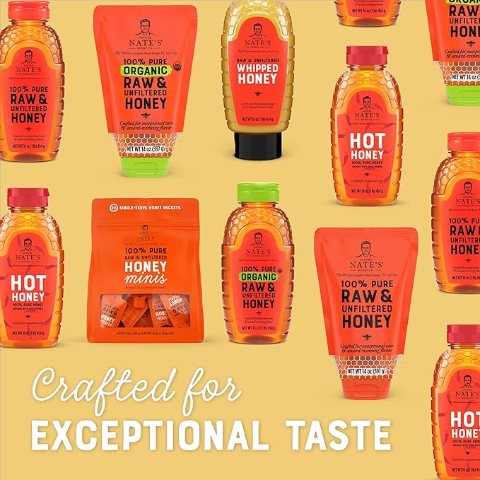 Nate's 100% Pure Raw &amp Unfiltered Honey - Award-Winning Taste 32oz. Squeeze Bottle (6 Pack)