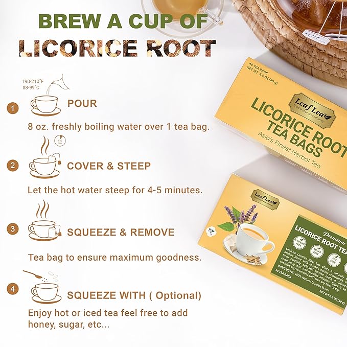 LeafLea 80 Licorice Root Tea Bags Pure Licorice Spice Tea Naturally Sweet Te De Regaliz Herbal Gently Supports Relaxation and Digestive Comfort Nutrient-Rich Vegan Sugar- free Caffeine Free