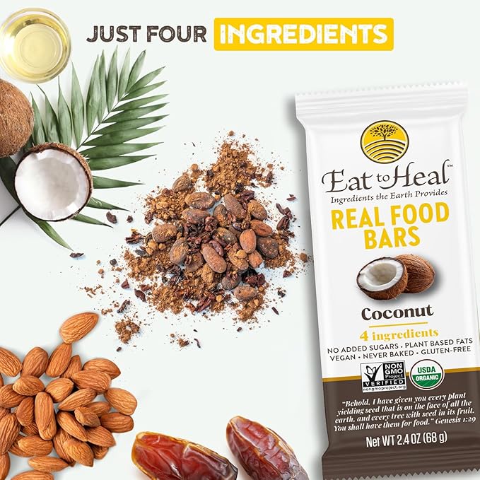EatToHeal Coconut Real Food Bar - Organic Vegan Healthy Gluten Free Protein Bars - Low Sugar Meal Replacement Bar Non GMO Never Baked Plant Based - Crafted to Enjoy Not Sit on Shelves