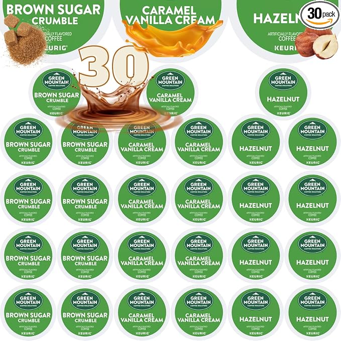 30-count K-Cup portion packs for Keurig K-Cup Brewers Variety with Green Mountain Flavors Caramel Vanilla Cream Hazelnut and Brown Sugar Crumble Packaged by Brightest Place