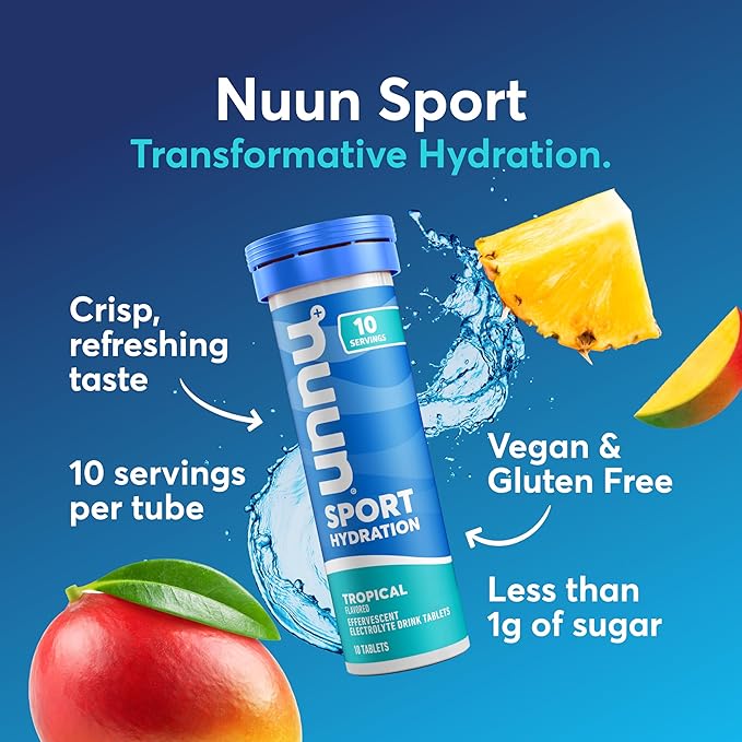 Nuun Sport Electrolyte Tablets with Magnesium Calcium Potassium Chloride &amp Sodium Gluten Free &amp Vegan Tropical 8 Pack (80 Servings Total)