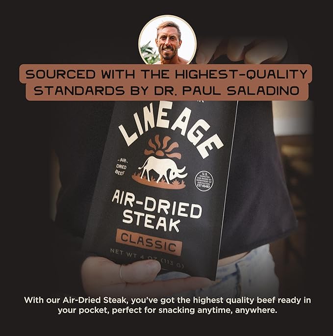 Lineage Provisions 100% Grass Fed Air-Dried Steak - Nutrient-Dense Carnivore Snacks - Tender Beef Jerky Bites - Keto-Friendly Steak Jerky - Zero Sugar Zero Carbs - High Protein Snack - 3-Pack