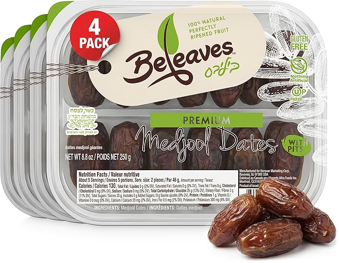 Beleaves Premium Medjool Dates 8 oz (4 Pack) | Vegan Gluten Free Kosher Nothing Artificial | Healthy Snack Baking &amp Salad Ingredient | Naturally Sweet Caramel-Like Flavor