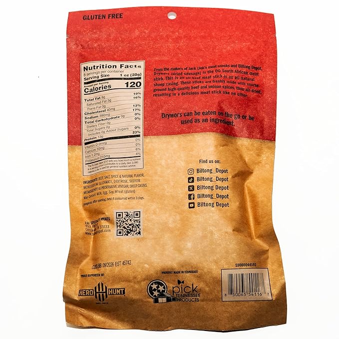 Biltong Depot Crown Drywors - 8oz | Air-Dried Beef Snack Sticks | High Protein | Paleo and Keto Friendly | Zero Sugar | Gluten Free | Meat Snack