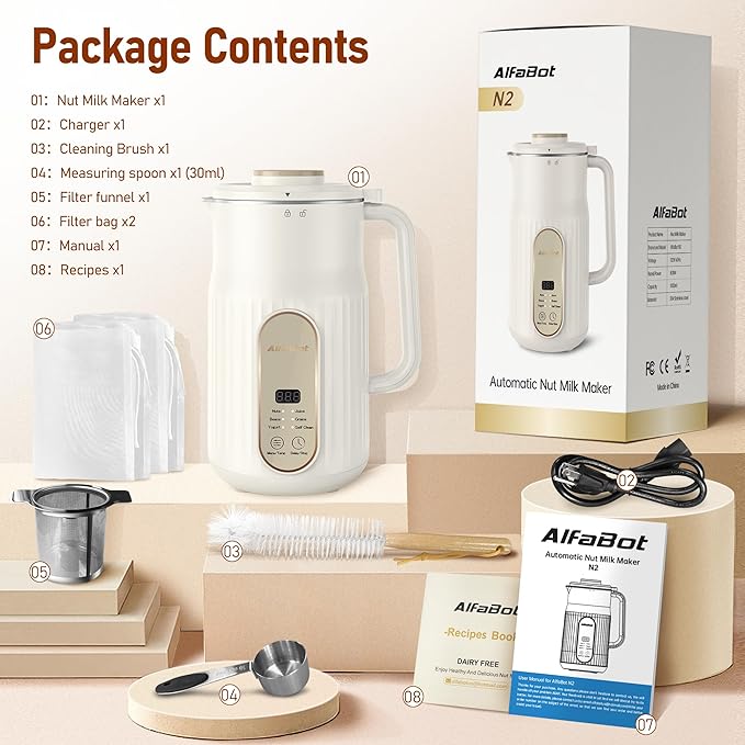 Nut Milk Maker AlfaBot N2 Automatic Almond Milk Machine for Homemade Plant-Based Milk Oat Soy Yogurt 5 Modes/35OZ Big Capacity Soy Milk Maker with Delay Setting and Self Cleaning (Cream)
