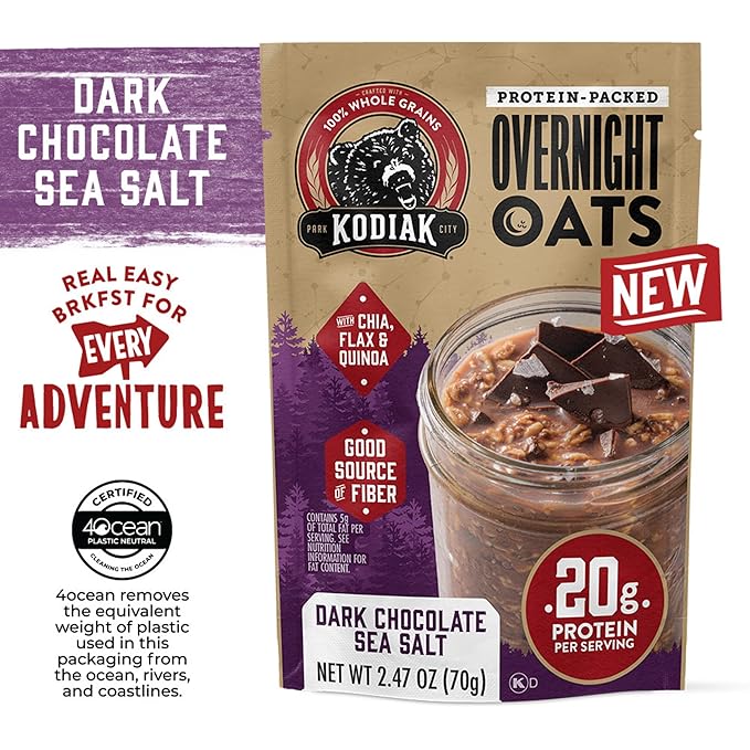Kodiak Cakes Dark Chocolate Sea Salt - Overnight Oats with 20g Protein High Fiber Breakfast (Pack of 9 Pouches)