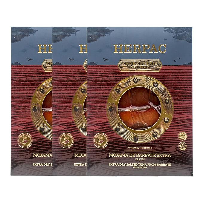 Mojama Sliced Dry-Cured Tuna Jerky – 2.82 oz / 80g Each – Premium Spanish Delicacy by HERPAC – 3-Pack – Artisan-Crafted Ready to Eat