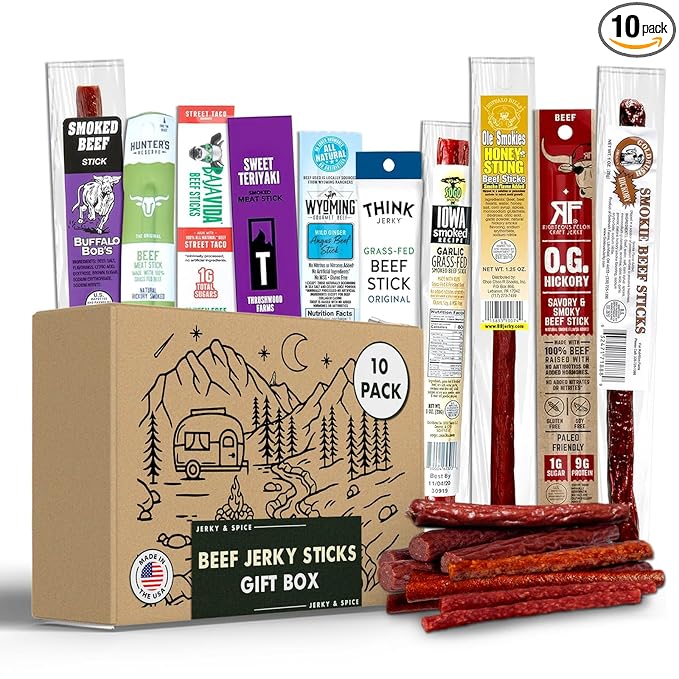 Jerky-n-Spice Ultimate Beef Sticks Gift Box (10-Pack) | Beef Jerky Gift Baskets for Men | Assorted High Protein Snacks | Premium Meat Stick Jerky Sampler | Ideal for Birthday Road Trip &amp Camping