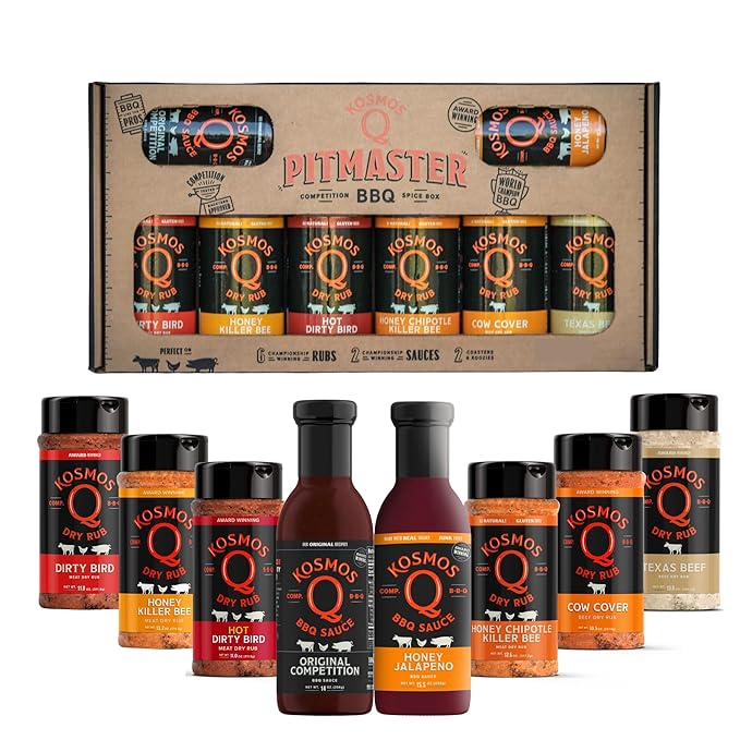 Kosmos Q BBQ Pitmaster Gifts for Men or Dads Includes 8 Flavors of Grill Seasonings BBQ Sauces &amp Meat Rubs Sampler Pack for Chicken Steak Turkey Pork &amp More