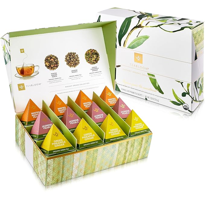 Teabloom Radiant Greens – Organic Green Tea Sampler with 12 Plant-Based Pyramid Sachets Jasmine Pearls Minted Mango Peach &amp Pineapple Ginger Gift-Ready Presentation Box for Tea Lovers