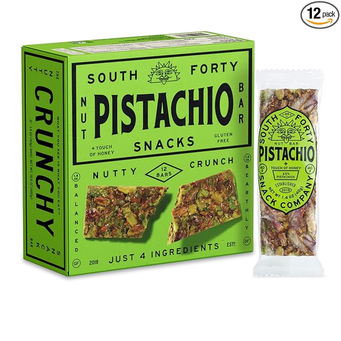 South 40 Snacks Crunchy Pistachio Bar Just 4 Ingredients Touch of Honey (40g Bar Pack of 12)