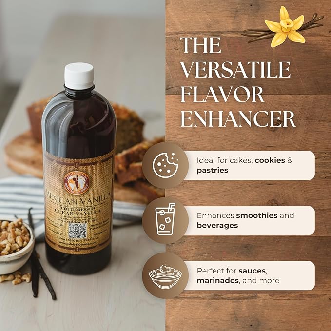 Pure Clear Mexican Vanilla Extract (33.81 fl oz)– Gluten-Free Coumarin-Free Vanilla for Baking Cakes Cookies Coffee &amp Desserts – Cold Pressed Natural Vanilla