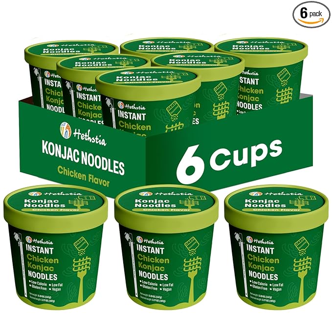 Hethstia Konjac Noodle Chicken Soup 6-Pack Instant Shirataki Noodle Soup Cups - Low-Calorie Sugar-Free Low-Carb Gluten-Free 34.32 oz Vegan Konjac Pho Pasta Chicken Broth Healthy Asian Noodles