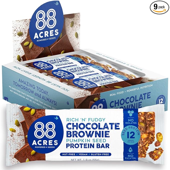 88 Acres Pumpkin Seed Protein Bars Fudge Brownie 9 Count 12g Plant-Based Protein Gluten Free Nut Free School Safe Snack Bar Vegan Non-GMO Individually Wrapped