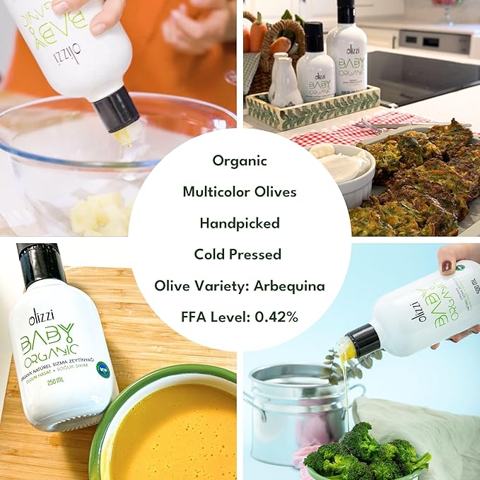 Olive Oil for Baby Food - Olizzi Baby Organic Extra Virgin Olive Oil Cold Pressed USDA Organic Kosher Delicious Smooth Award Winning Polyphenol Rich 16.9 FL OZ (500 ML)