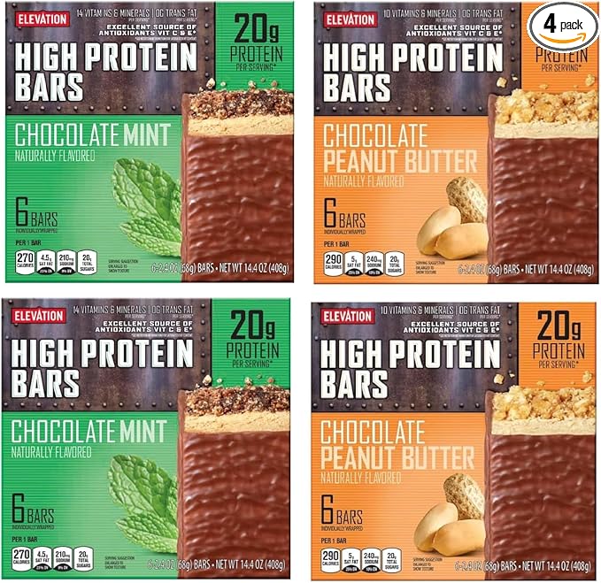 4 PACK **🍫🌿 DELICIOUS Chocolate Mint &amp Chocolate Peanut Butter High Protein Bars - 6 Bars Per Box x 4 Boxes for a Total of 24 Bars 🏋️‍♂️💪 2 Boxes of Each Flavor 💥 20g Protein PER BAR!!! 🌟 14