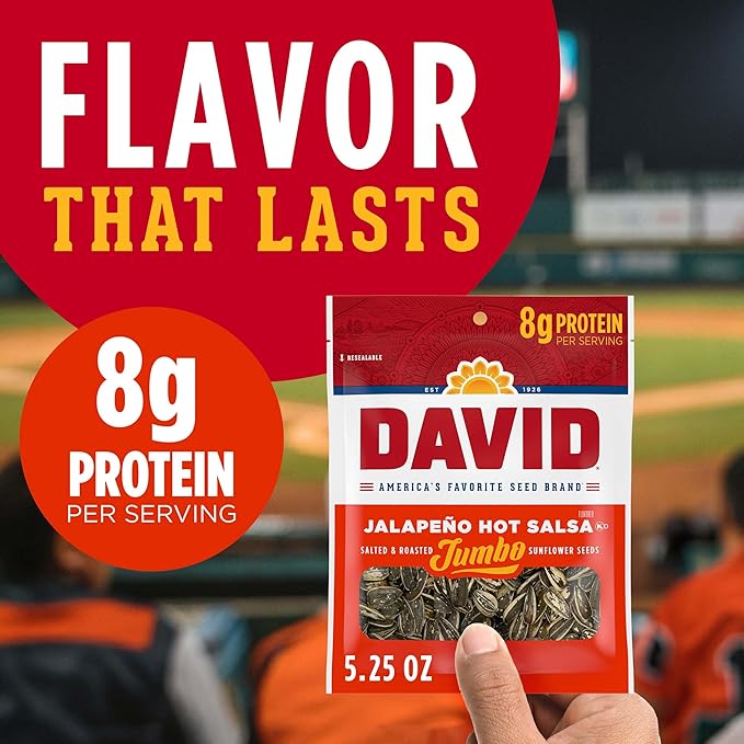 DAVID SEEDS Roasted and Salted Jalapeño Hot Salsa Jumbo Sunflower Seeds Keto Friendly 5.25 oz 12 Pack
