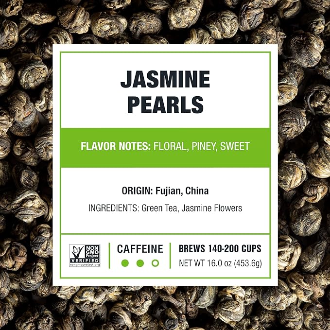 Tiesta Tea - Jasmine Pearls Green Tea Loose Leaf Single Origin Premium Jasmine from China Pure Unblended Medium-Caffeinated Blend Makes Hot or Iced &amp Up to 200 Cups 16oz Resealable Bulk Pouch