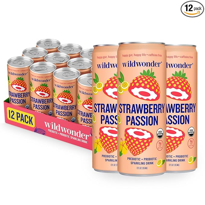 wildwonder Sparkling Probiotic Drink 12pk For Gut Health &amp Immune Support Strawberry Passion 5g Prebiotic Fiber Live Probiotics Organic Vegan Low Sugar 12 Pack 12oz Can As Seen on Shark