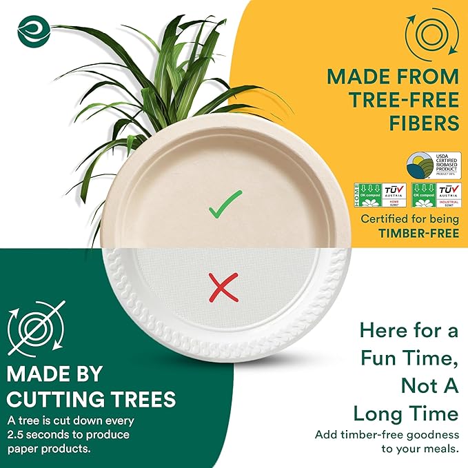 ECO SOUL 9 Inch Compostable Disposable Paper Plates [200 Pack] Food Safe 100% Virgin Bagasse Pulp Heavy Duty Biodegradable Microwave Safe Large Round Dinner Plate for Party Picnic &amp BBQ (Brown)