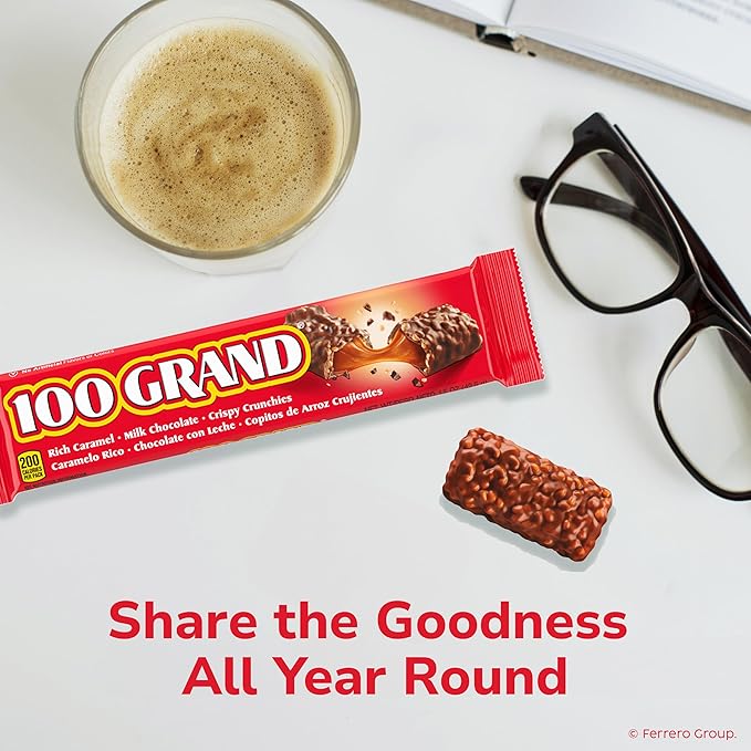 100 Grand Crispy Milk Chocolate with Caramel Full Size Individually Wrapped Candy Bars 1.5 oz each Bulk 18 Count Box