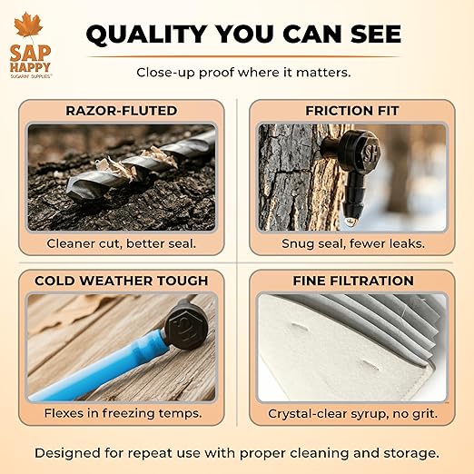 Maple Syrup Tapping Kit - (10) Taps for Maple Trees (10) 3' Food Grade Maple Syrup Tubing Drops (5) 1 Quart Maple Syrup Filters Maple Syrup Drill Bit Detailed Instructions Recipe Cards