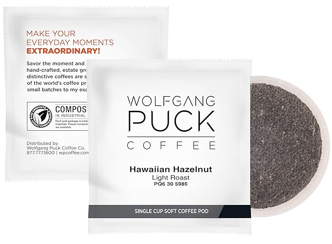 Wolfgang Puck Coffee Hawaiian Hazelnut Flavored 9.5 Gram soft Pods 18 Count (Pack of 3)