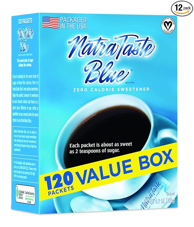 NatraTaste Blue Zero Calorie Sweetener Bulk Sugar Substitute for Coffee Iced Tea Lemonade Hot &amp Cold Drinks Baking Cooking Low Carb Vegan Sugar Alternative 120 Packets Value Box (12 pack