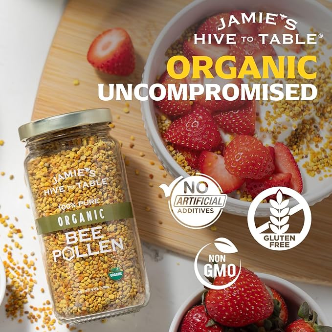 Jamie’s Hive to Table Organic Bee Pollen 6 oz - 100% Pure Raw &amp Natural Superfood Premium Quality Bee Pollen Granules for Energy Immunity Skin Health Antioxidants &amp Vitality Gluten Fre