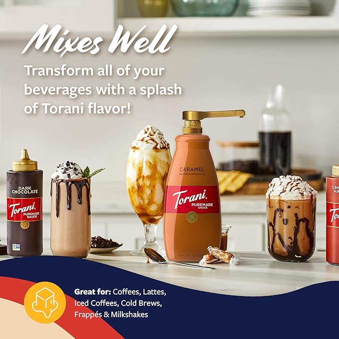 Torani Puremade Caramel Sauce for Coffeehouse Drinks and Desserts Large 4lb Bottle Pump Included 64 Fl Oz