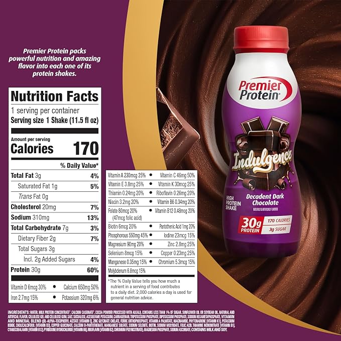 Premier Protein Shake INDULGENCE Decadent Dark Chocolate 30g Protein 170 Calories 3g Sugar 11.5 fl oz 12 Pack (Packaging May Vary)