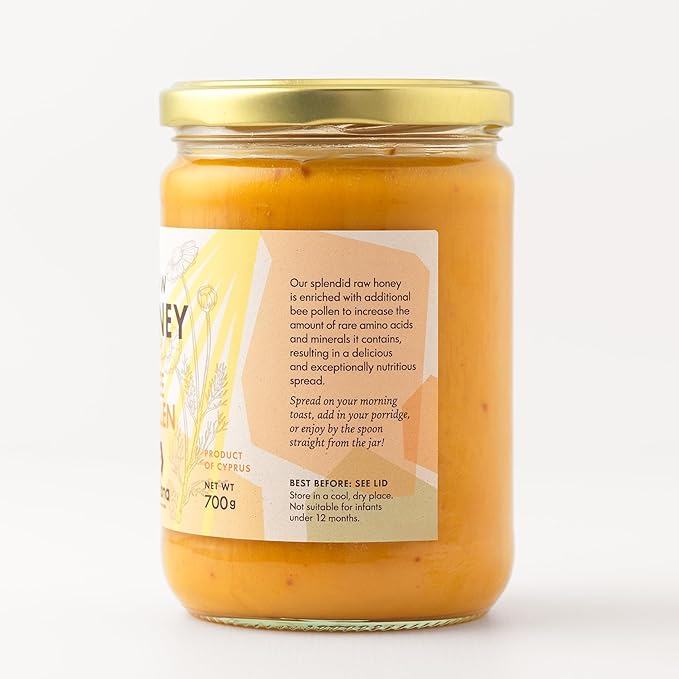 Mellona 100% Raw Honey Unfiltered with Bee Pollen - Natural Honey Raw Unprocessed Unheated &amp Unfiltered No Artificial Additives Pure Superfood 700 Gram