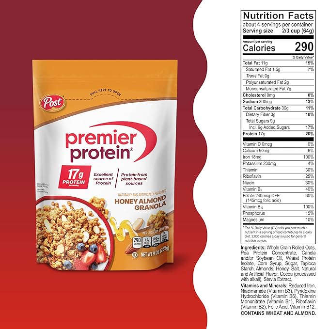 Premier Protein Granola Honey Almond Flavored Crunchy Clusters Yogurt Topping or On-The-Go Snack 9 oz Resealable Bag (Pack of 5)