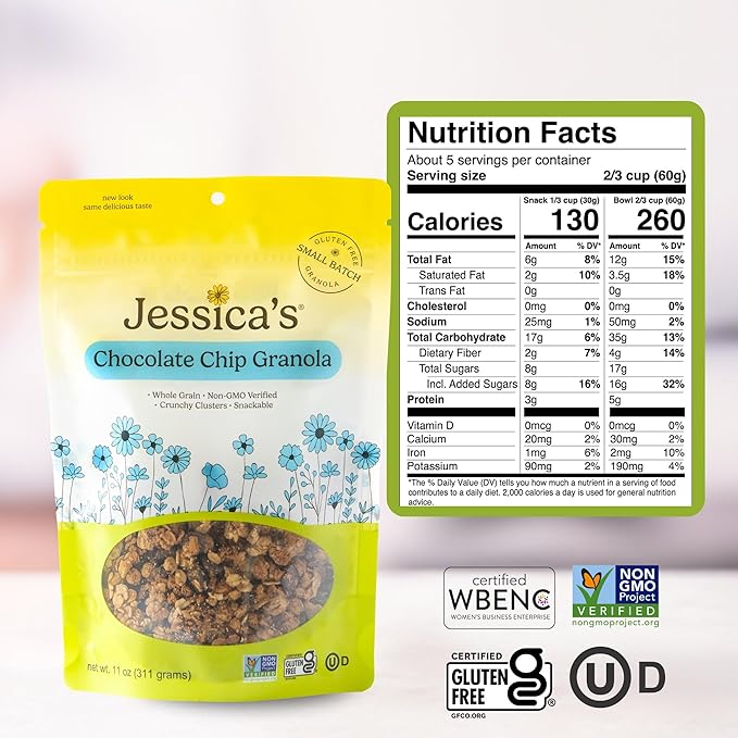 Jessica’s Chocolate Chip Granola - Handmade Non-GMO Gluten-Free Whole Grain 11oz (3 Pack)