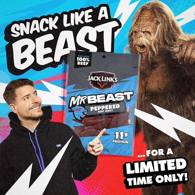 Jack Link’s x MrBeast Beef Jerky Peppered Beef Jerky As Seen on Beast Games 11g Protein Made with 100% Real Beef Pantry-Ready Snacks 10 Count