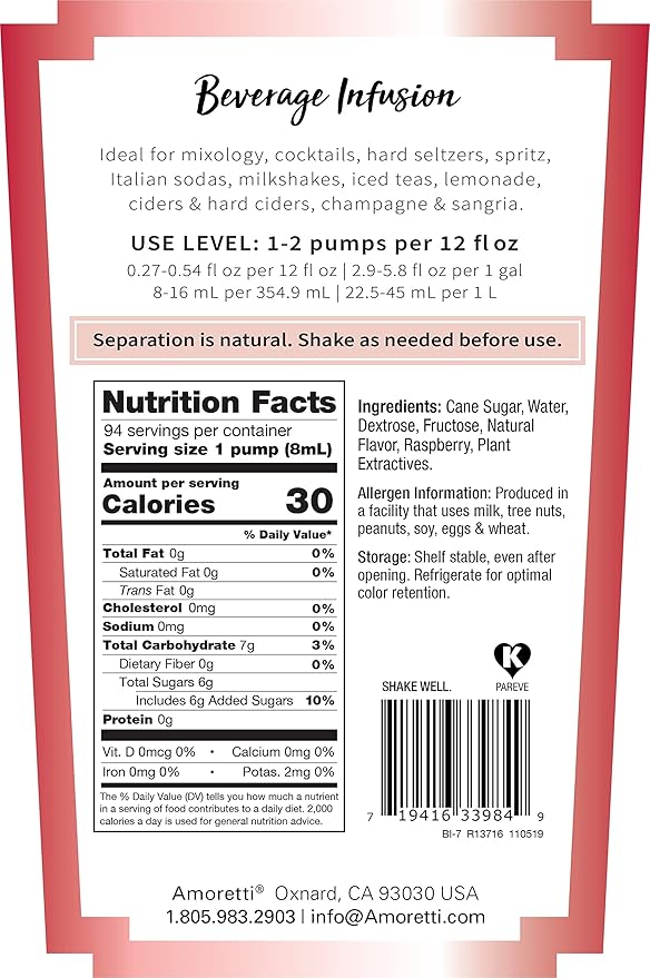 Amoretti - Raspberry Beverage Infusion 94 Servings Per Bottle (750 ml) - Drink Mix &amp Water Enhancer with Pump for Flavoring Cocktails Waters Teas and other Beverages Preservative Free