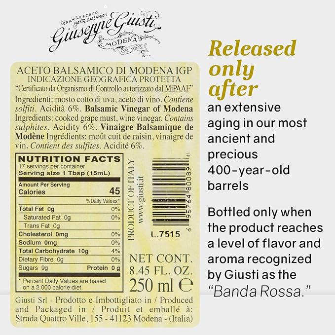 Giusti Premium Balsamic Vinegar of Modena IGP – 5 Gold Medals Italian Aceto Balsamico di Modena in a Luxurious Gift Box Thick Rich &amp Balanced Gourmet Condiment for Finishing – 8.45 fl oz (250 ml