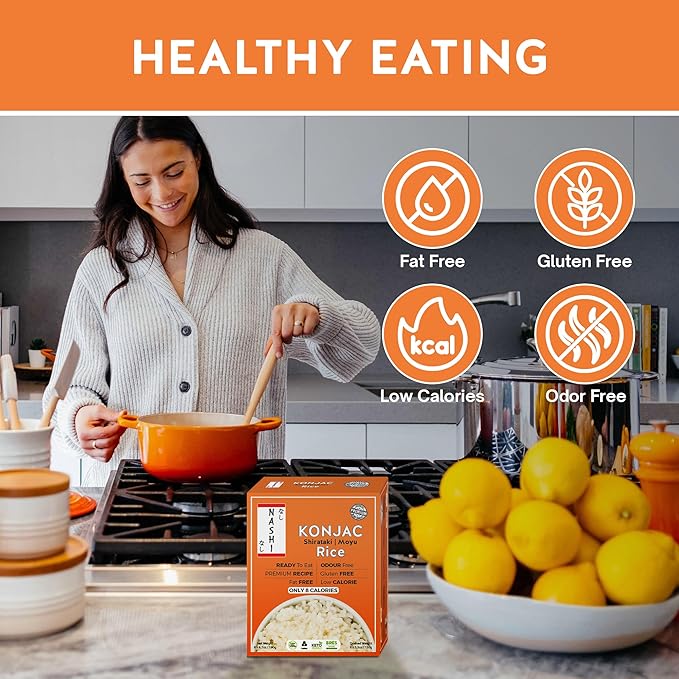Nashi Shirataki Konjac Moyu Rice - Low Fat Glucomannan Premium Recipe Keto friendly Suitable for Vegan Odour Free low calorie food | Ready to Eat (8×190g)