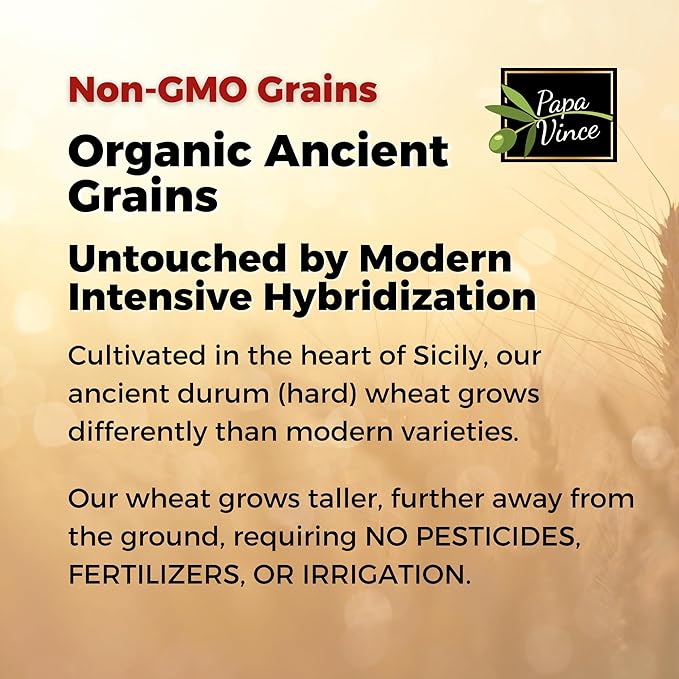 Papa Vince Organic Non Enriched Pasta - Ancient Grain high in fiber high in protein Timilia/Tumminia grown in Sicily Italy. Al dente texture nutty flavor busiate whole wheat that is anything but