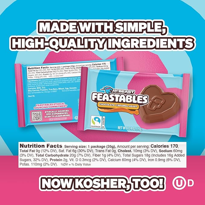 MrBeast Feastables Caramel Valentine Heart Cups Limited Edition 20 Count Milk Chocolate with Creamy Caramel Filling Fairtrade Cocoa