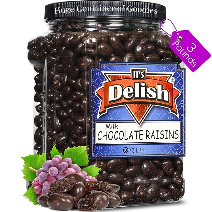 Gourmet Milk Chocolate Covered Raisins by It's Delish 3 LBS Jumbo Container | Milk Chocolate Raisins Candy Snack for Parties or Holiday Events and Healthy Snacking | USA Made Kosher Dairy