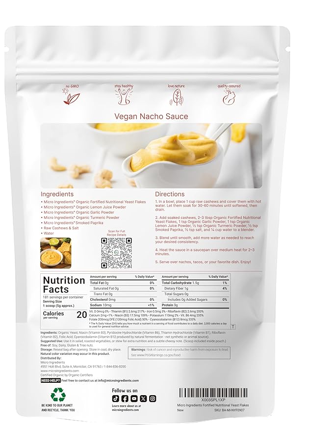 Micro Ingredients Organic Fortified Nutritional Yeast Flakes 2lb (32oz) | Rich in Vegan Protein B Vitamins &amp Beta-Glucans | Keto Friendly Dairy Free Cheese Substitute Non-GMO Gluten Free