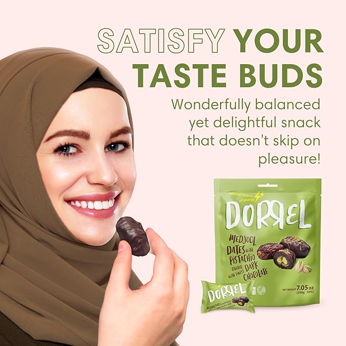 DORREL - Belgian Dark Chocolate Covered Dates (Medjool) with Pistachio Stuffing High Energy Vegan Choco Snack Delicious Kosher &amp Non-GMO Pack of 3 Stuffed Chocolate Dates 7.05 oz / 200 g Ea