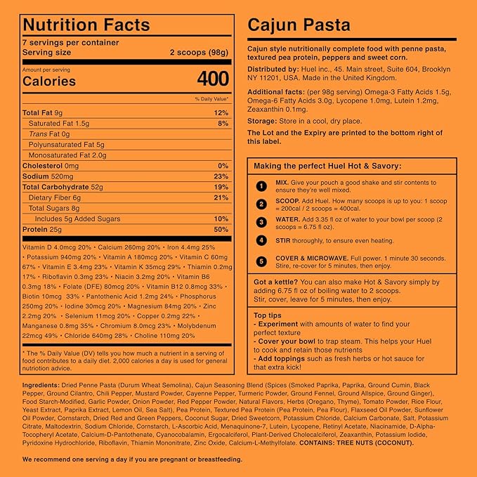 Huel Hot and Savory Instant Meal Replacement - Cajun Pasta - 14 Scoops Packed with 100% Nutritionally Complete Food Including 25g of Protein 6g of Fiber and 27 Vitamins and Minerals