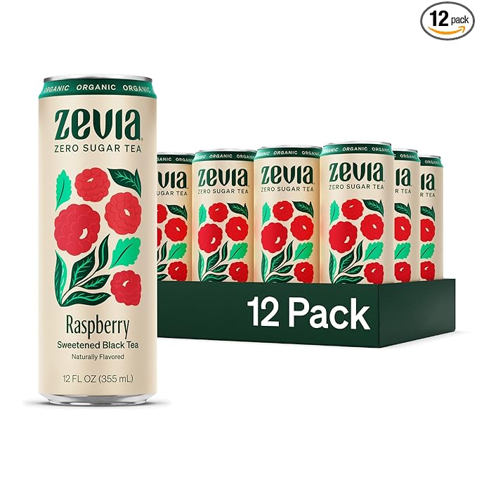 Zevia Zero Sugar Tea Black Tea with Raspberry 12 oz Cans (12-Pack) – Naturally Sweetened Zero Calorie Sugar Free - Non-GMO Project Verified Gluten-Free Vegan