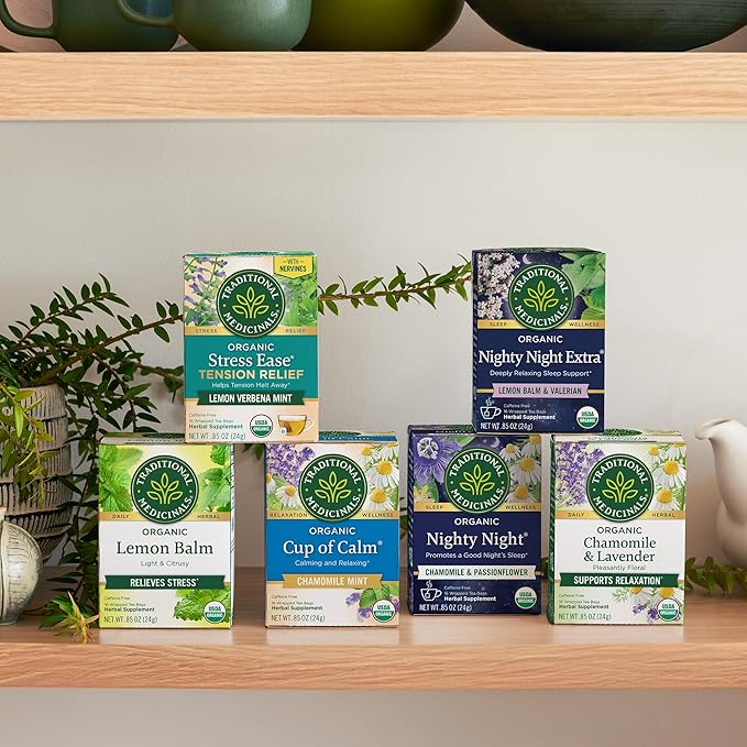 Traditional Medicinals Organic Herbal Tea Variety Pack for Stress and Sleep Support 6 Flavors Lavender Chamomile Lemon &amp Valerian Root 96 Tea Bags (6 Pack)