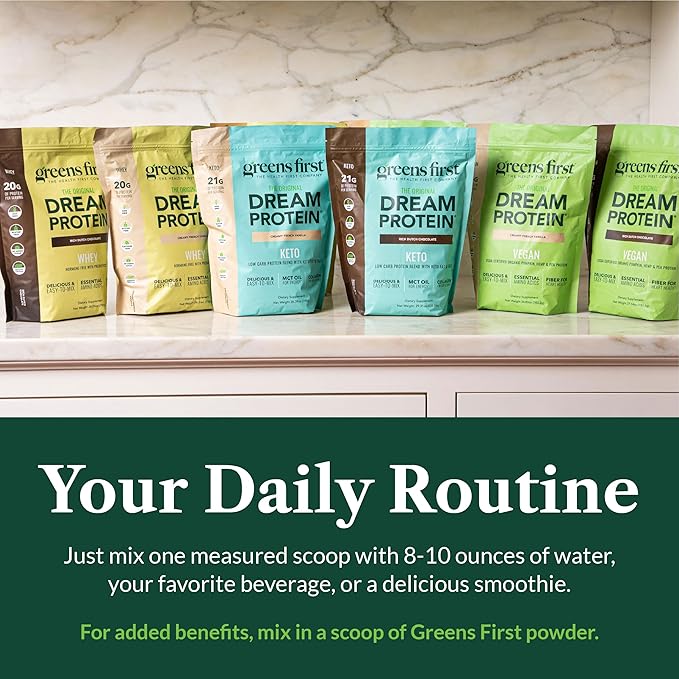 Greens First Dream Protein Powder Keto - 21g Protein Per Serving - Low Carb - with MCT Oil &amp Collagen - Non-GMO Gluten-Free Caffeine-Free (Rich Dutch Chocolate 29.31 oz)