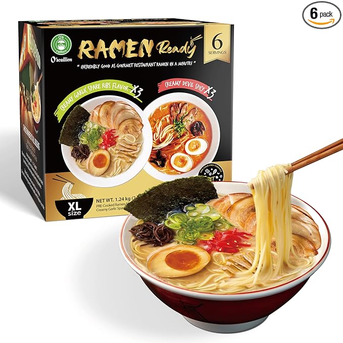O'scallion Pack of 6 Ramen Noodles - Authentic Japanese Taste - Fresh Pre-Cooked Noodles Rich Soup Base &amp Veggie Pack - Enjoy Restaurant-Style Ramen at Home in Seconds (6 Servings Creamy Garlic