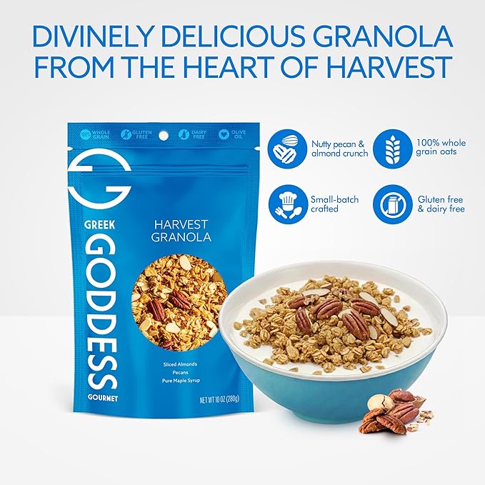 Greek Goddess Gourmet Harvest Granola with Pecans Almonds Coconut &amp Maple Syrup 100% Whole Grain Oats &amp Olive Oil – Healthy Greek-Inspired Gluten Free Granola 10oz (3-Pack)