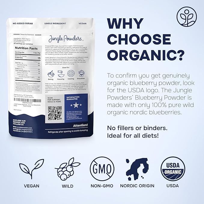 Wild Blueberry Powder Organic 5 Ounce Bag USDA Certified &amp 3rd Party Lab Tested - Antioxidant Rich Smoothies Freeze Dried Blueberries Organic Blueberry Extract for Baking From Whole Dried Blueberr
